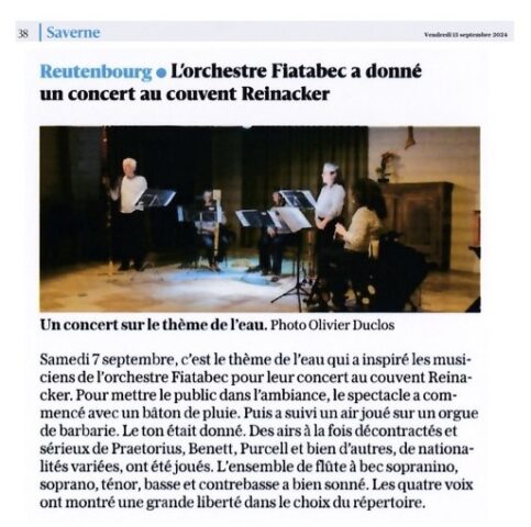 Article du journal la DNA du 13 septembre 2024 à propos d'un concert par des membres de l'Orchestre de flûtes à bec Fiatabec au couvent Reinacker en septembre 2024