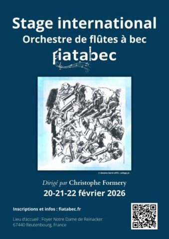 Affiche pour un stage de l'Orchestre de flûtes à bec Fiatabec en février 2026