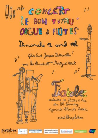 Affiche d'un concert de l'orchestre de flûtes à bec Fiatabec avec les enfants de l'école de Dettwiller en Alsace