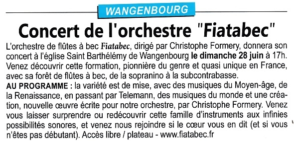 Annonce dans le Savernois d'un concert de l'orchestre Fiatabec à Wangenbourg en juin 2026