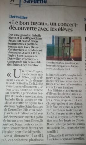 Article de presse DNA concernant un concert à Dettwiller en avril 2026