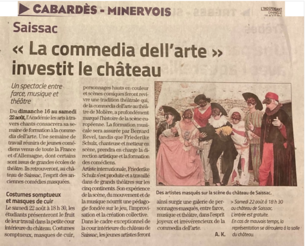 Article de presse autour d'un spectacle de Commedia dell'arte avec des membres de Fiatabec en août 2026